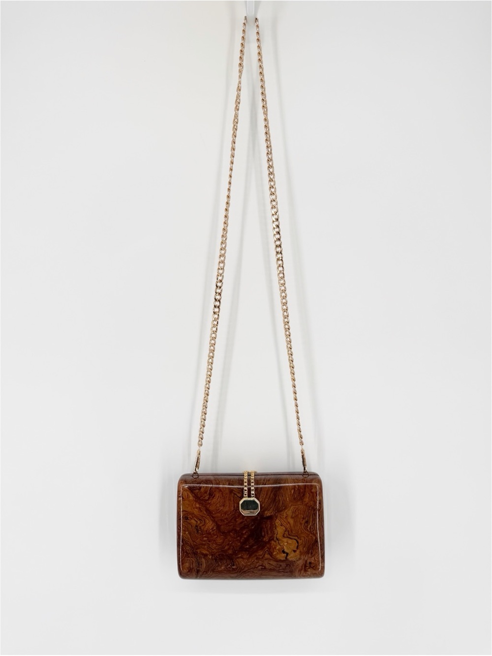 Vintage Saks Fifth Ave Brown Marbled Acrylic Gold Tone Hard Shell Clutch Purse